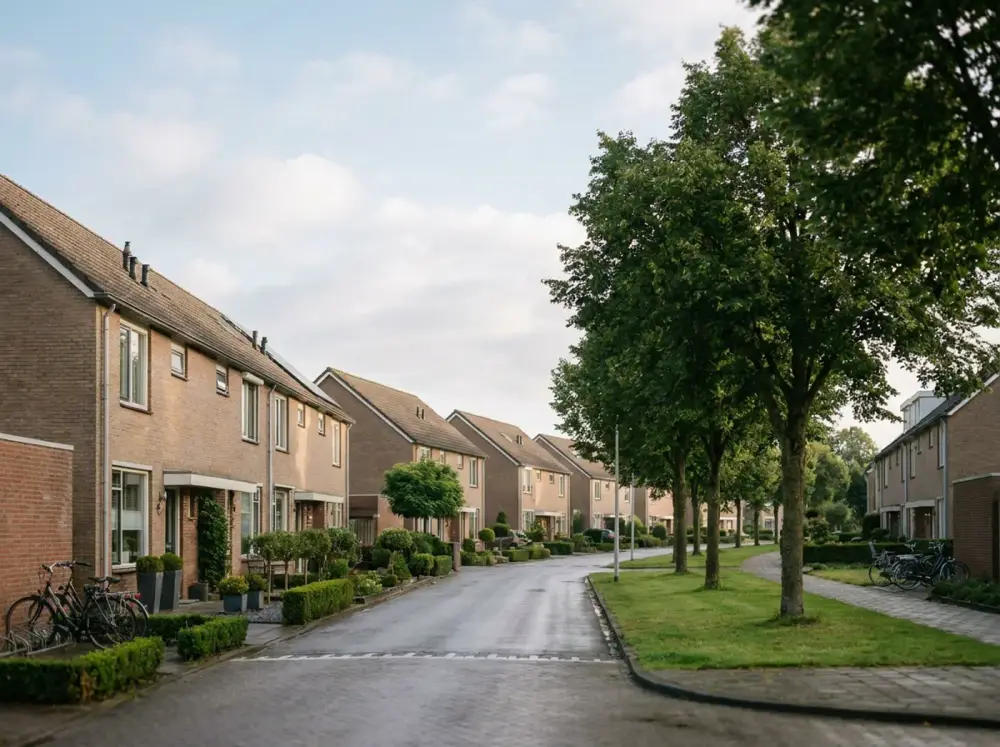 Gegenereerd sfeerbeeld van een Nederlandse woonwijk met rijtjeshuizen, bomen en fietsen in zacht ochtendlicht.